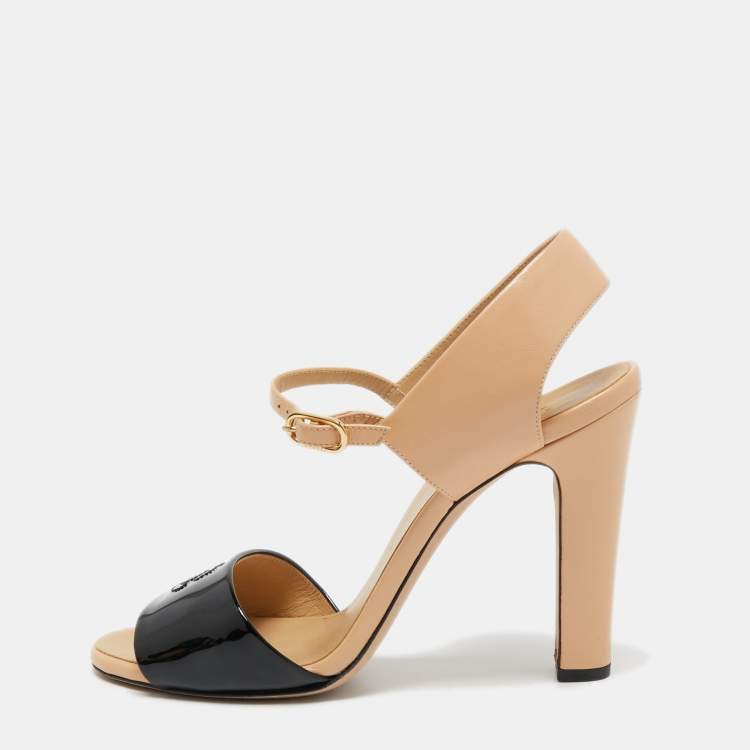 Chanel Black/Beige Patent and Leather Open Toe Ankle Strap Sandals Size 39  Chanel | The Luxury Closet