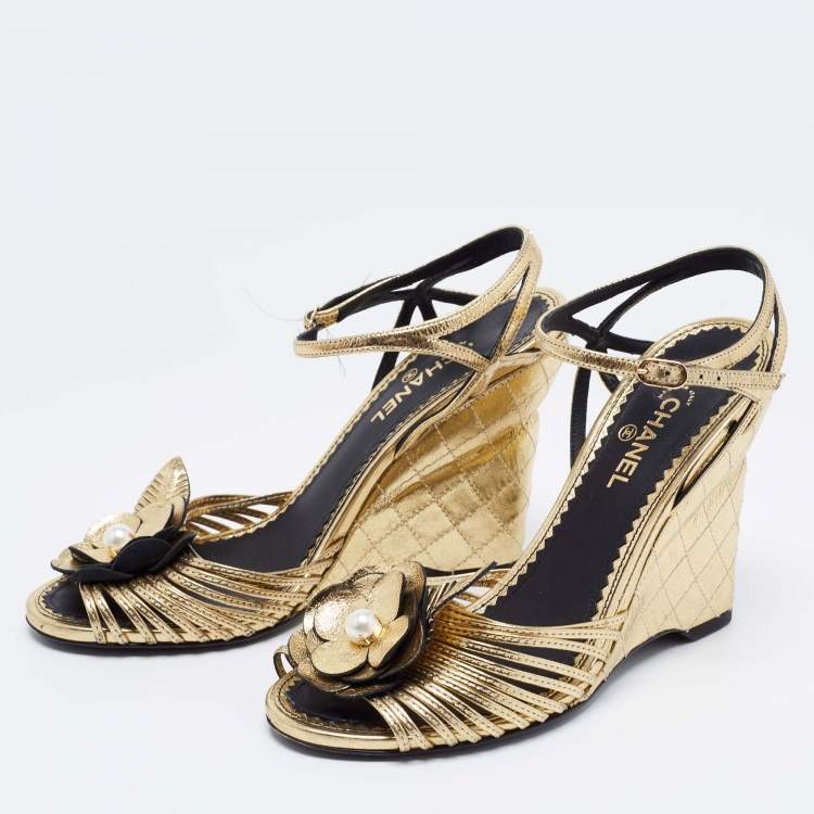 Chanel Gold Leather Camelia Wedge Sandals Size 36 Chanel
