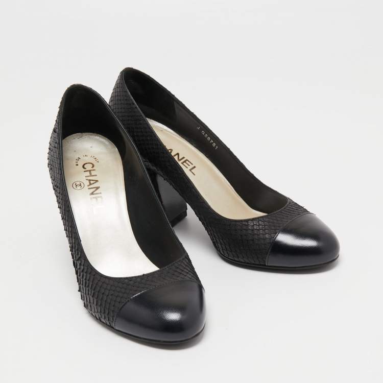 Pre Owned Chanel Black Python and Leather Cap Toe Camellia Block Heel Pumps Size 37