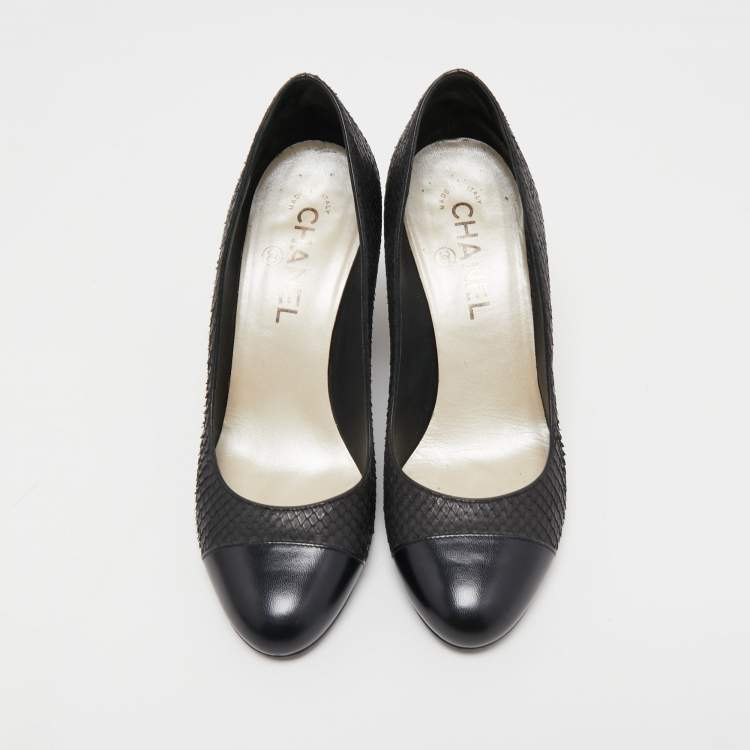 Pre Owned Chanel Black Python and Leather Cap Toe Camellia Block Heel Pumps Size 37