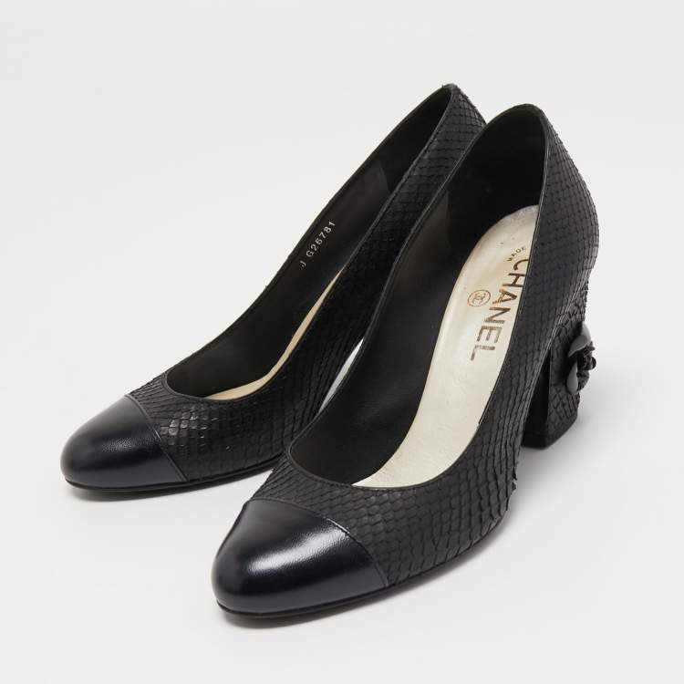 Pre Owned Chanel Black Python and Leather Cap Toe Camellia Block Heel Pumps Size 37