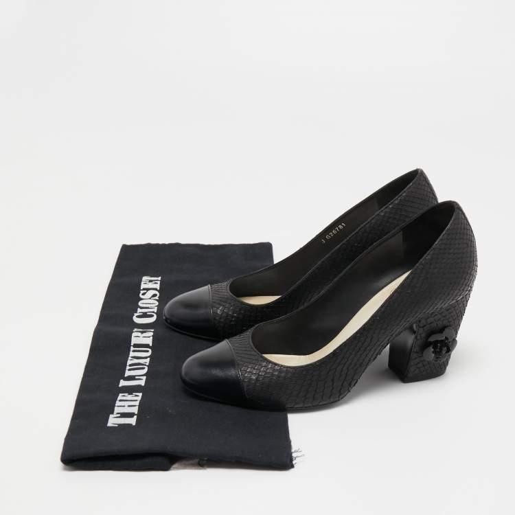 Pre Owned Chanel Black Python and Leather Cap Toe Camellia Block Heel Pumps Size 37
