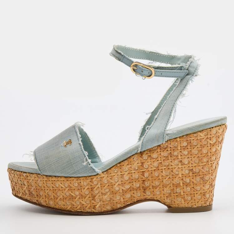 Chanel Light Blue Denim Raffia Platform Wedge Ankle Strap Sandals