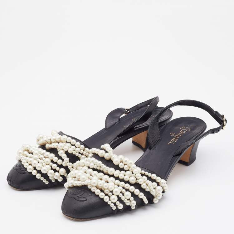 Pre Owned Chanel Black Leather Pearl Embellished Slingback Pumps Size 36.5