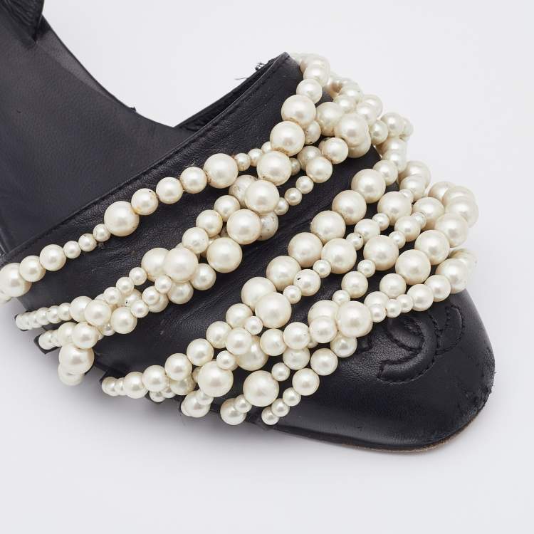 Pre Owned Chanel Black Leather Pearl Embellished Slingback Pumps Size 36.5