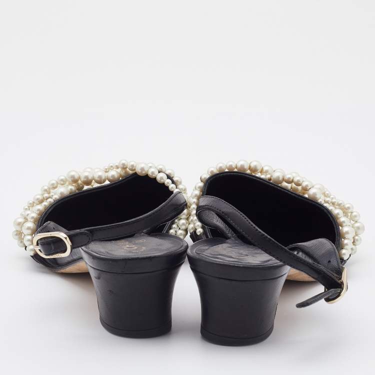 Pre Owned Chanel Black Leather Pearl Embellished Slingback Pumps Size 36.5