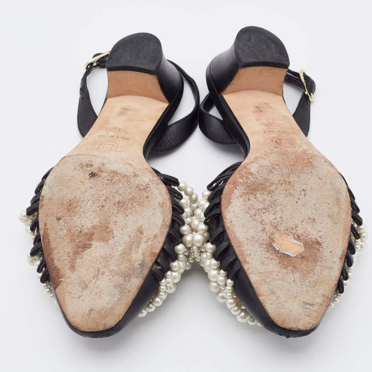 Pre Owned Chanel Black Leather Pearl Embellished Slingback Pumps Size 36.5