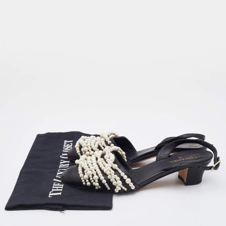 Pre Owned Chanel Black Leather Pearl Embellished Slingback Pumps Size 36.5