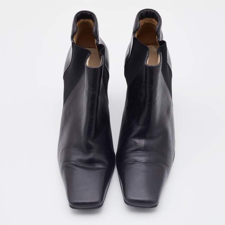 Pre Owned Chanel Black Leather Square Toe Ankle Chelsea Boots Size 37.5