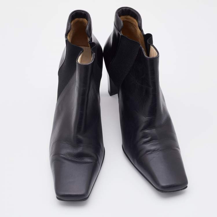 Pre Owned Chanel Black Leather Square Toe Ankle Chelsea Boots Size 37.5