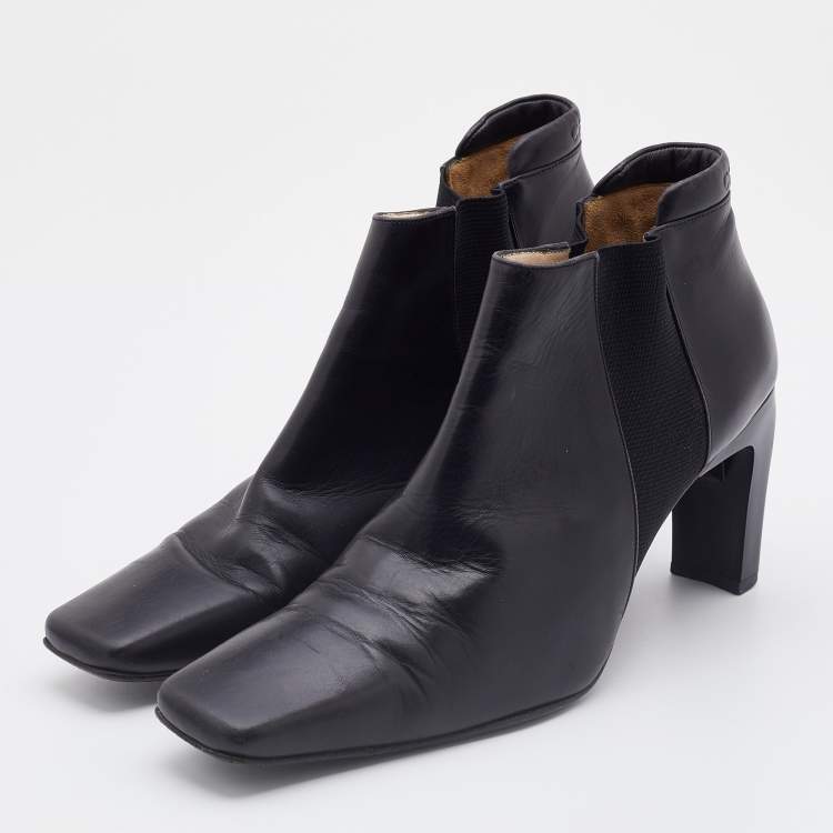 Chanel Black Leather Square Toe Ankle Chelsea Boots Size 37.5 Chanel