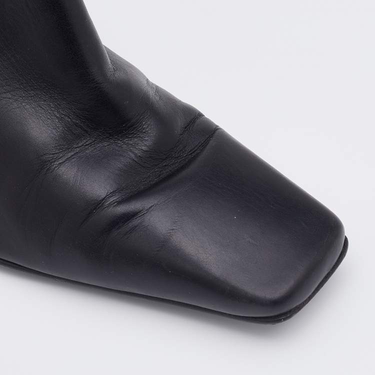 Pre Owned Chanel Black Leather Square Toe Ankle Chelsea Boots Size 37.5