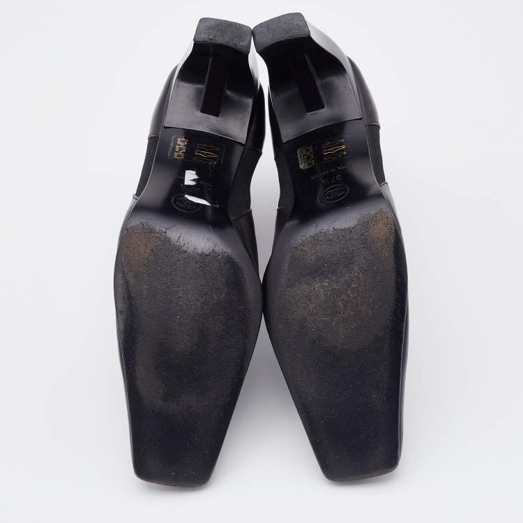 Pre Owned Chanel Black Leather Square Toe Ankle Chelsea Boots Size 37.5