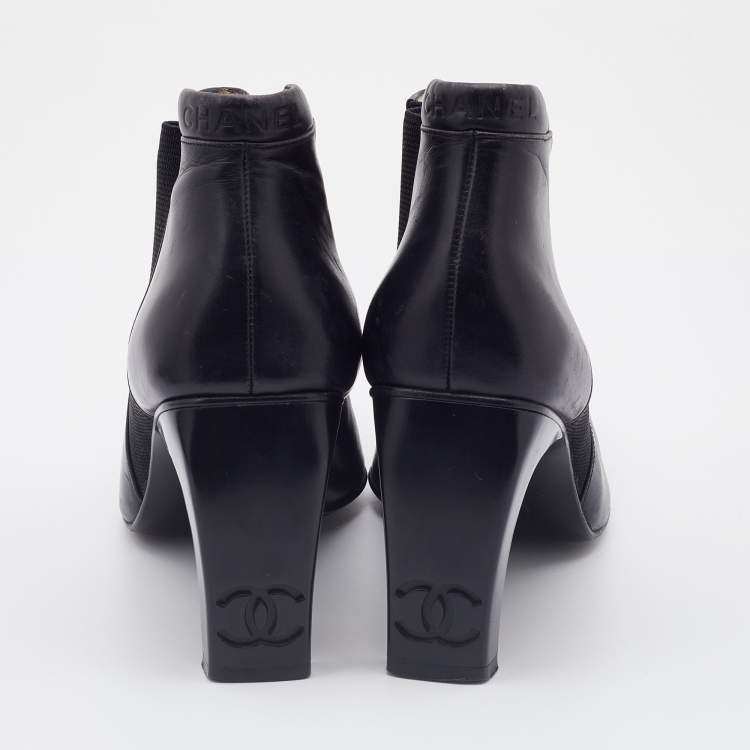 Pre Owned Chanel Black Leather Square Toe Ankle Chelsea Boots Size 37.5