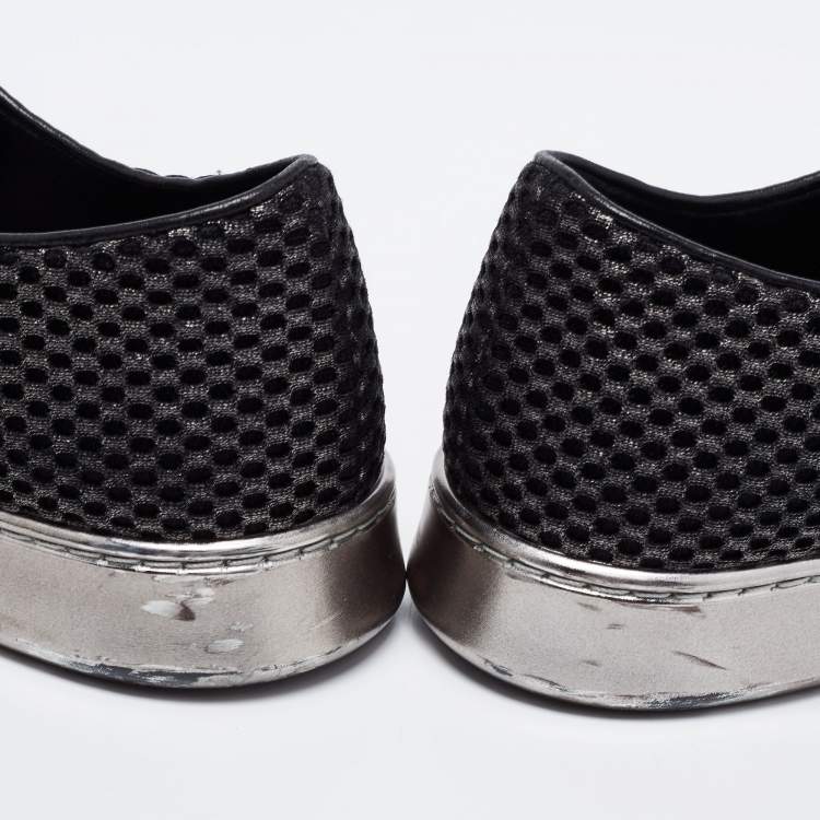 Pre Owned Chanel Black/Grey Mesh and Leather CC Cap Toe Low Top Sneakers Size 38.5
