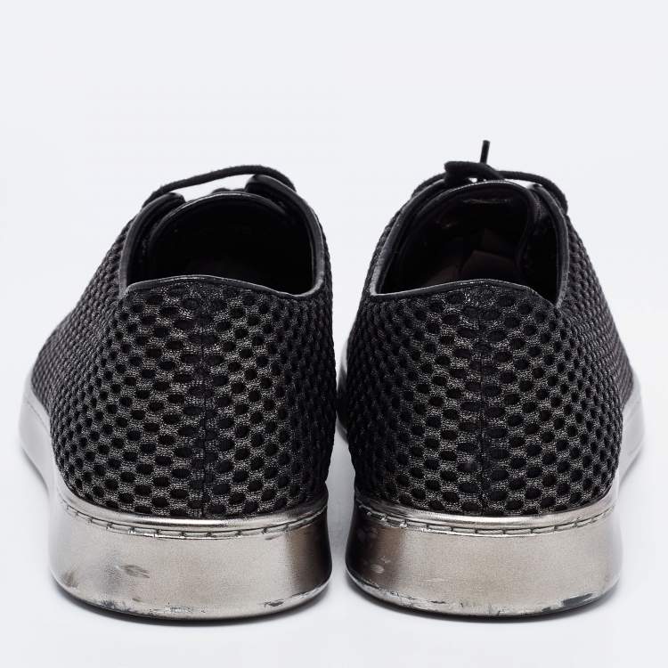 Pre Owned Chanel Black/Grey Mesh and Leather CC Cap Toe Low Top Sneakers Size 38.5
