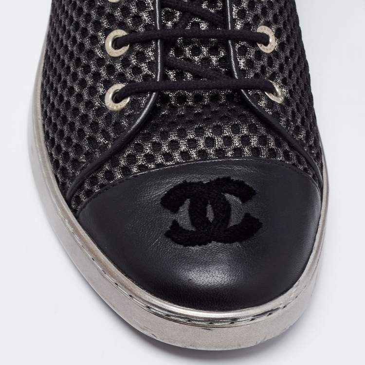 Pre Owned Chanel Black/Grey Mesh and Leather CC Cap Toe Low Top Sneakers Size 38.5