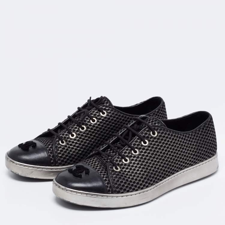 Pre Owned Chanel Black/Grey Mesh and Leather CC Cap Toe Low Top Sneakers Size 38.5