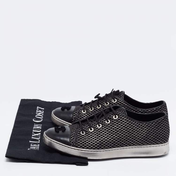 Pre Owned Chanel Black/Grey Mesh and Leather CC Cap Toe Low Top Sneakers Size 38.5