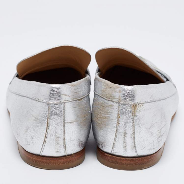 Pre Owned Chanel Silver Leather CC Loafers Size 38