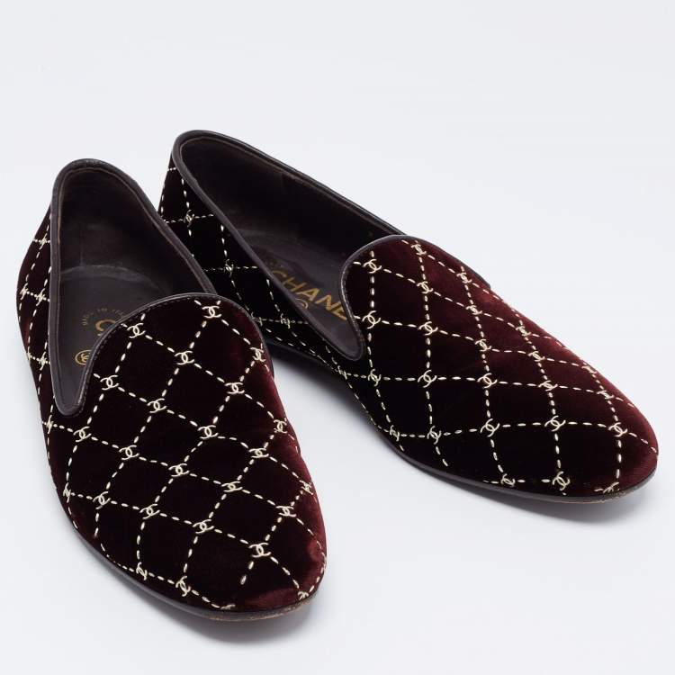 Pre Owned Chanel Burgundy Leather and Quilted Velvet CC Smoking Slippers Size 38