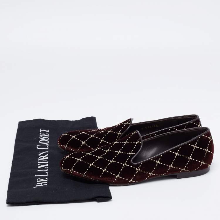 Pre Owned Chanel Burgundy Leather and Quilted Velvet CC Smoking Slippers Size 38
