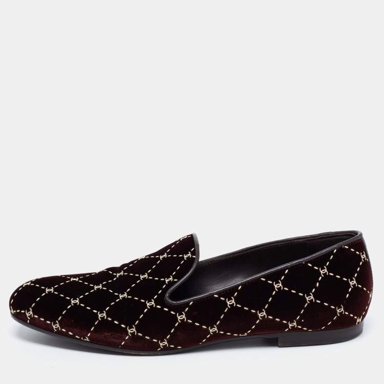 Pre Owned Chanel Burgundy Leather and Quilted Velvet CC Smoking Slippers Size 38
