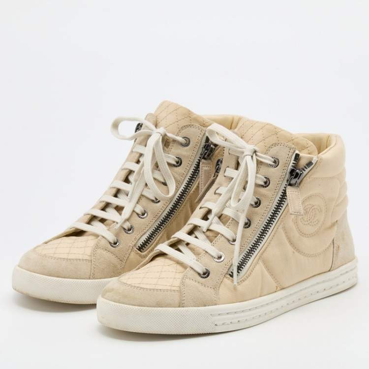 Chanel Beige Fabric and Suede CC Side Zip High Top Sneakers Size  Chanel  | TLC