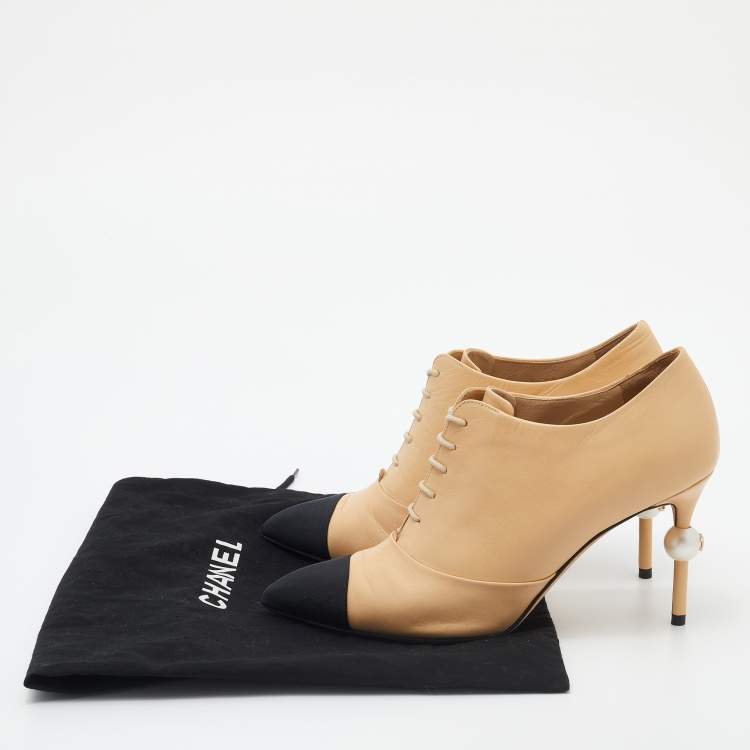 Pre Owned Chanel Beige/Black Leather And Fabric Cap Toe Embellished Booties Size 38