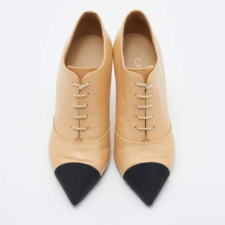 Pre Owned Chanel Beige/Black Leather And Fabric Cap Toe Embellished Booties Size 38