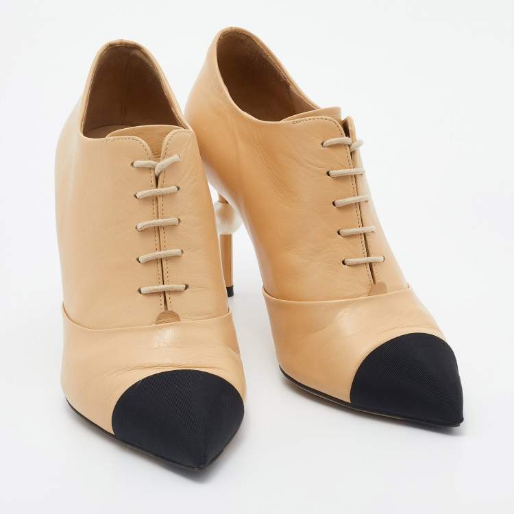 Pre Owned Chanel Beige/Black Leather And Fabric Cap Toe Embellished Booties Size 38
