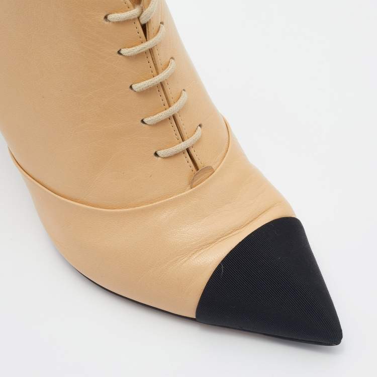 Pre Owned Chanel Beige/Black Leather And Fabric Cap Toe Embellished Booties Size 38