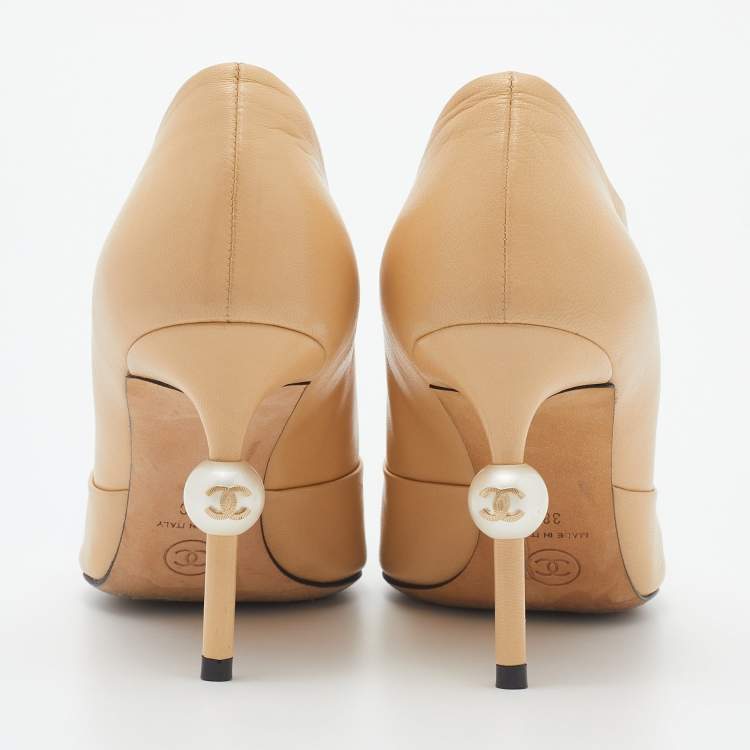 Pre Owned Chanel Beige/Black Leather And Fabric Cap Toe Embellished Booties Size 38