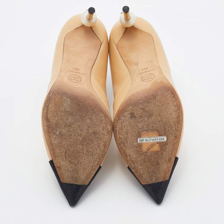 Pre Owned Chanel Beige/Black Leather And Fabric Cap Toe Embellished Booties Size 38