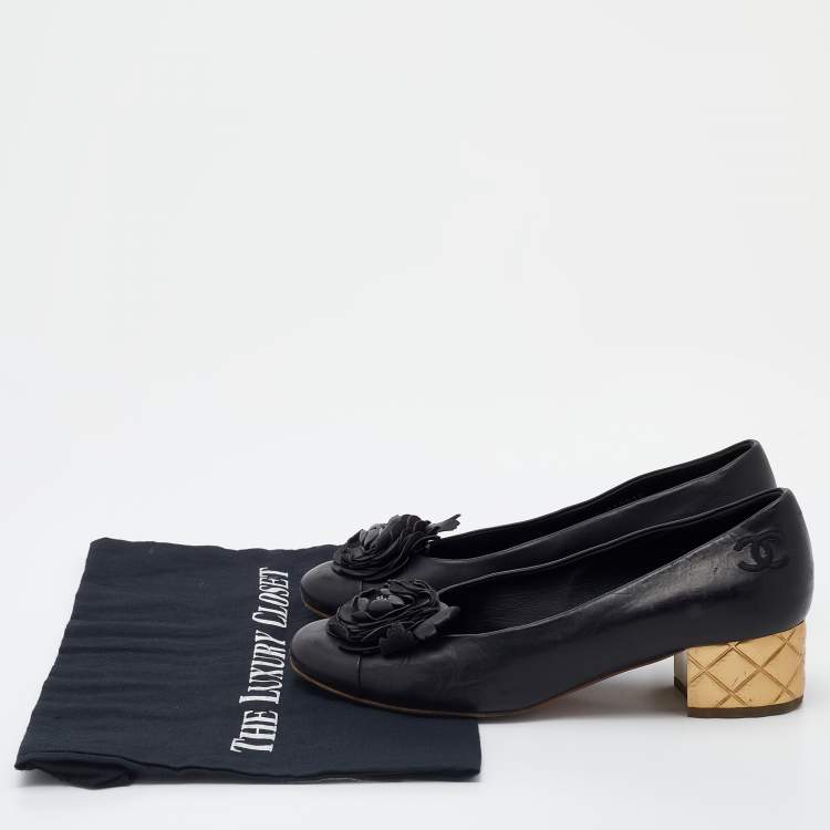 Pre Owned Chanel Black Leather Camellia Block Heel Pumps Size 37.5