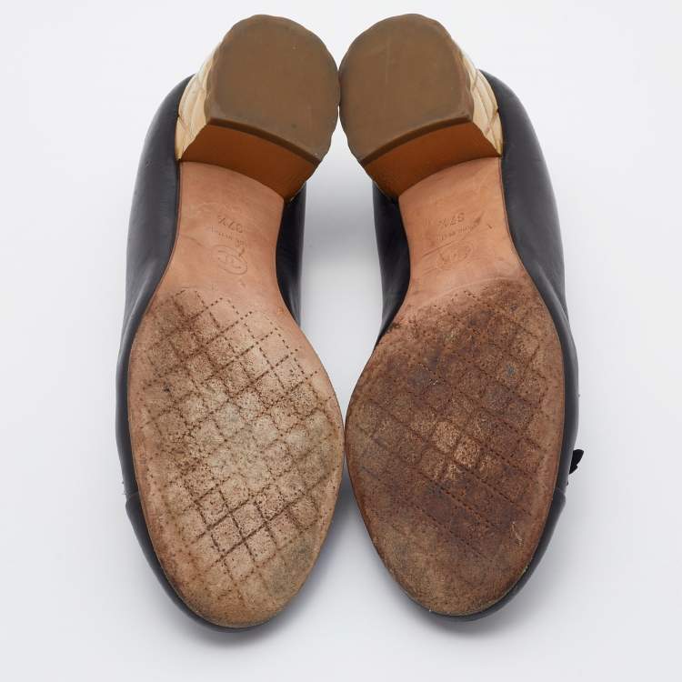 Pre Owned Chanel Black Leather Camellia Block Heel Pumps Size 37.5