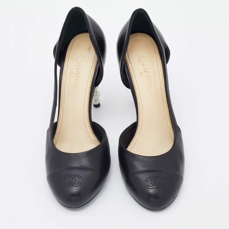 Pre Owned Chanel Black Leather Pearl Heel D'Orsay Pumps Size 38