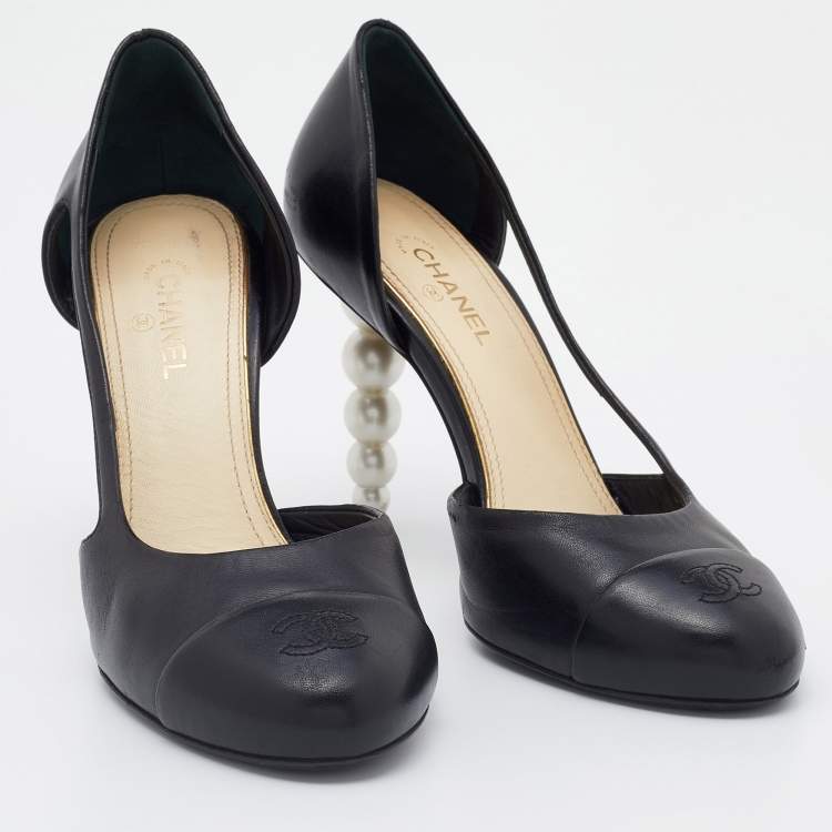 Pre Owned Chanel Black Leather Pearl Heel D'Orsay Pumps Size 38