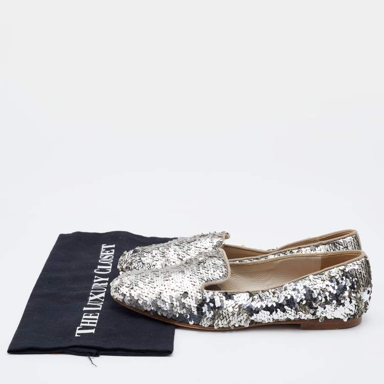 Pre Owned Chanel Silver Sequin CC Smoking Slippers Size 38.5