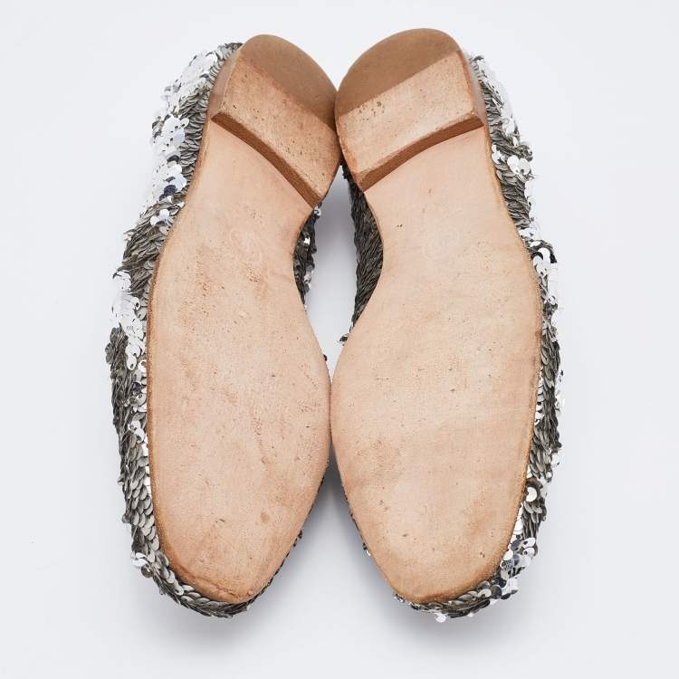 Pre Owned Chanel Silver Sequin CC Smoking Slippers Size 38.5