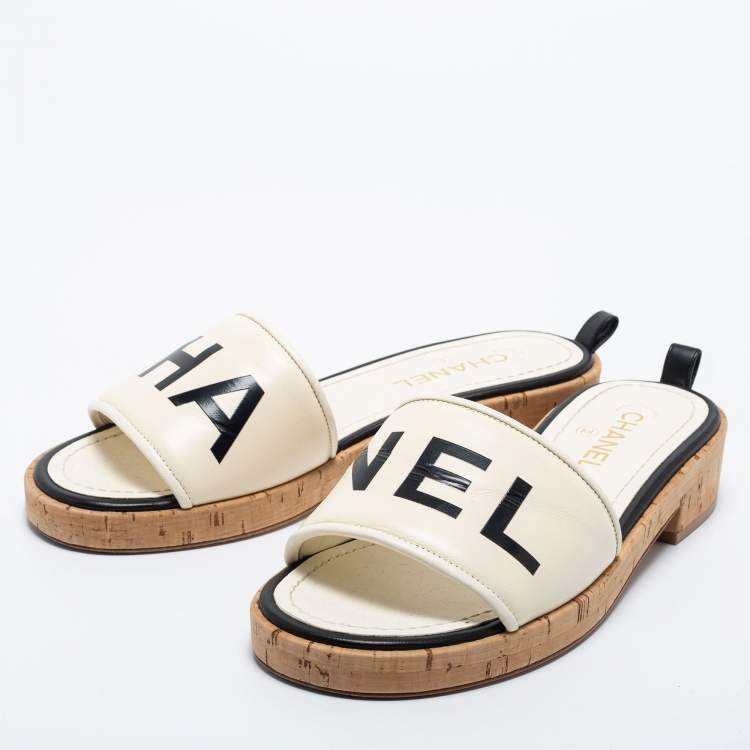 Chanel Cream Logo Leather Cork Slide Sandals Size 40.5 Chanel