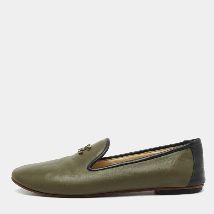 Pre Owned Chanel Olive Green Leather CC Slip On Smoking Slippers Size 36