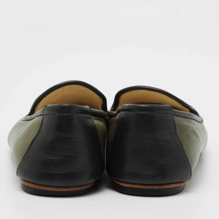 Pre Owned Chanel Olive Green Leather CC Slip On Smoking Slippers Size 36