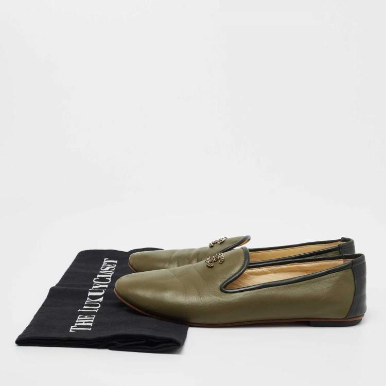 Pre Owned Chanel Olive Green Leather CC Slip On Smoking Slippers Size 36