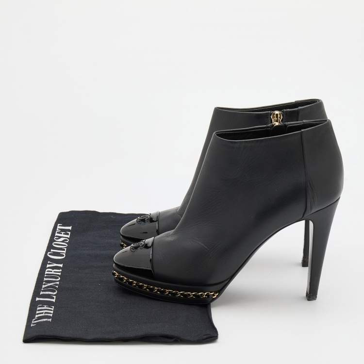 Pre Owned Chanel Black Patent and Leather CC Cap Toe Chain Platform Booties Size 36.5 