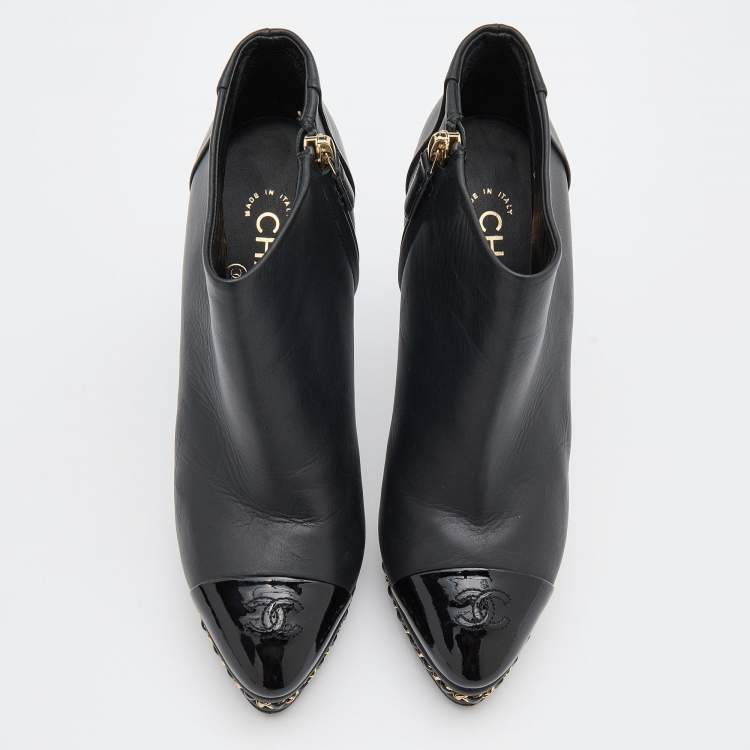 Pre Owned Chanel Black Patent and Leather CC Cap Toe Chain Platform Booties Size 36.5 