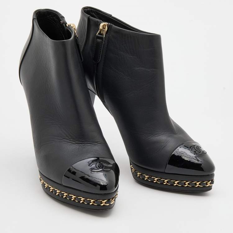 Pre Owned Chanel Black Patent and Leather CC Cap Toe Chain Platform Booties Size 36.5 