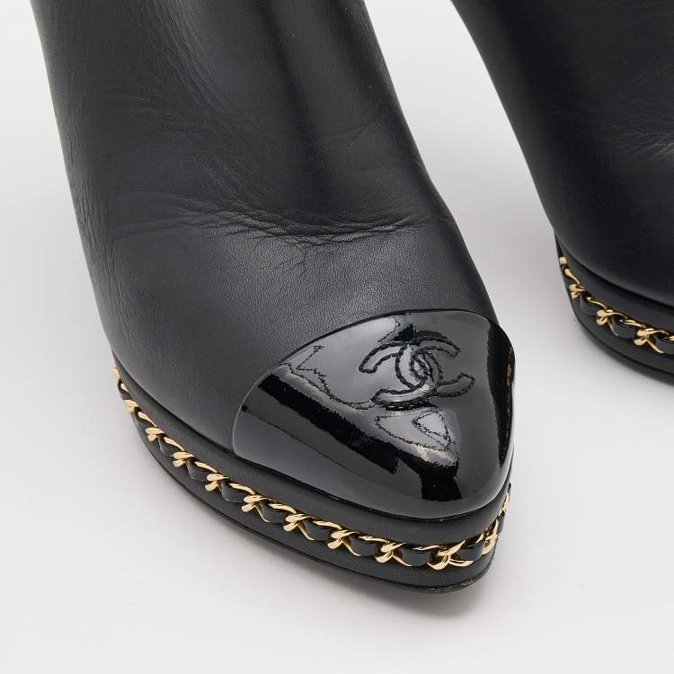 Pre Owned Chanel Black Patent and Leather CC Cap Toe Chain Platform Booties Size 36.5 