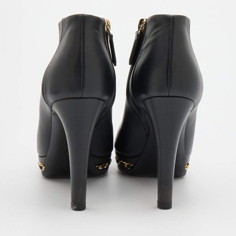 Pre Owned Chanel Black Patent and Leather CC Cap Toe Chain Platform Booties Size 36.5 