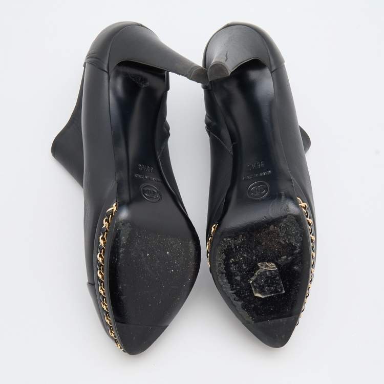Pre Owned Chanel Black Patent and Leather CC Cap Toe Chain Platform Booties Size 36.5 